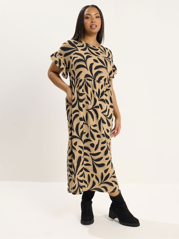 Yours Curve Brown Frill Sleeve Dress - Image 1 of 5