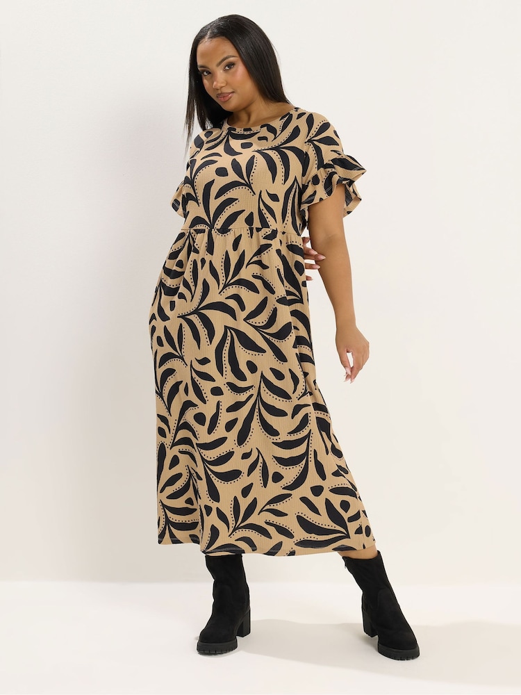 Yours Curve Brown Frill Sleeve Dress - Image 2 of 5