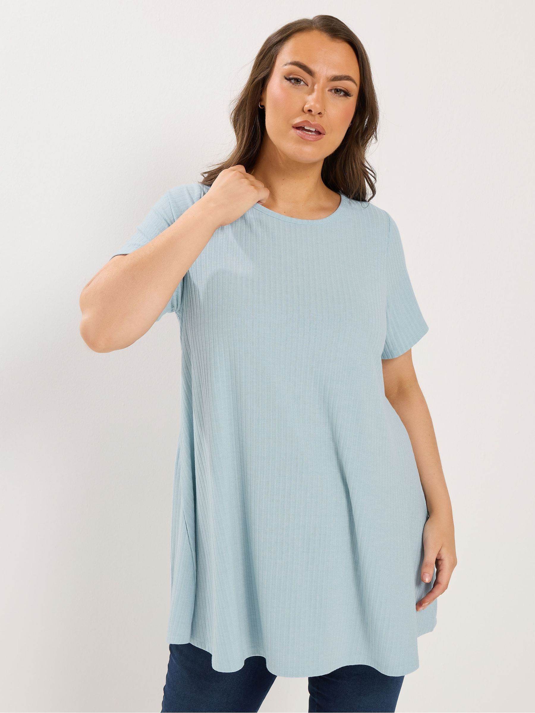Yours Curve Women's Blue Shimmer Ribbed Swing T-Shirt