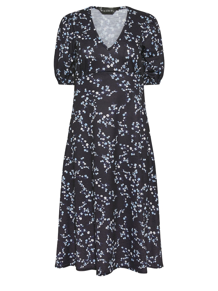 PixieGirl Petite Blue Abstract Spot Print Midi Tea Dress - Image 5 of 5