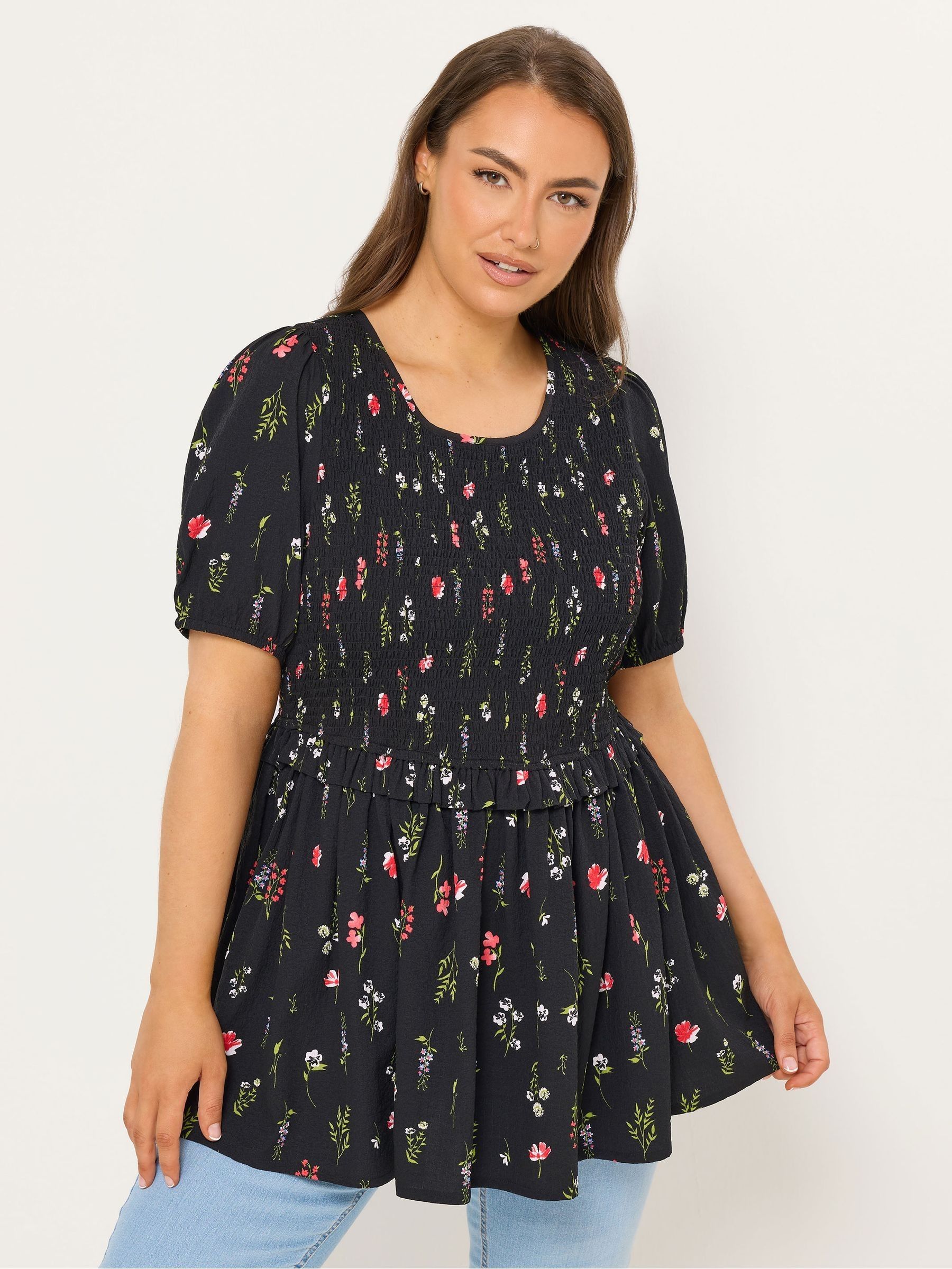 Yours Curve Women's Black Textured Shirred Peplum Tunic