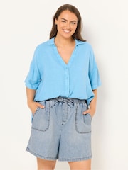 Yours Curve Light Blue Tie Waist Denim Shorts - Image 1 of 5