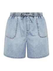 Yours Curve Light Blue Tie Waist Denim Shorts - Image 5 of 5