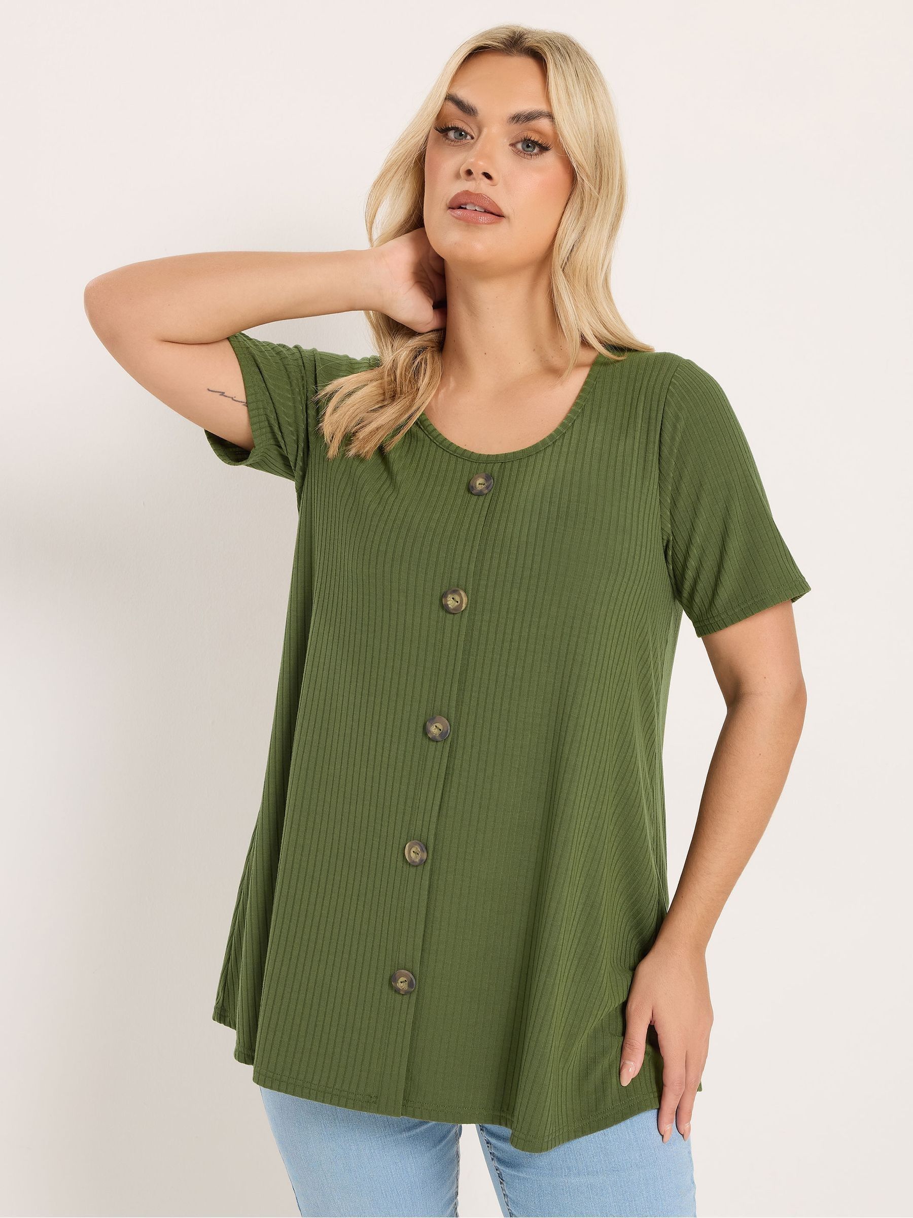Yours Women's Dark Green Button Front Ribbed Swing Top In | Size: 34/36 - Image 2