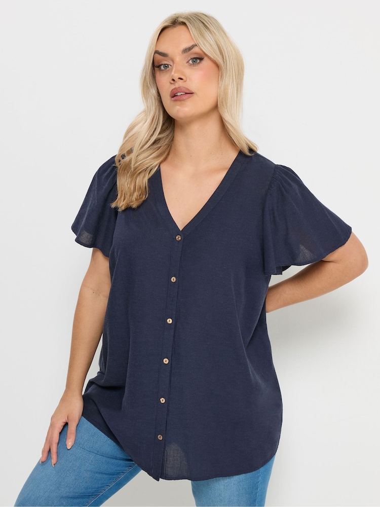 Yours Curve Blue Linen Blend Button Through Shirt - Image 1 of 5