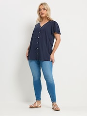 Yours Curve Blue Linen Blend Button Through Shirt - Image 2 of 5