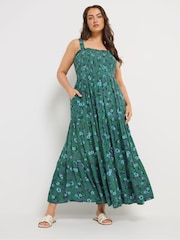 Yours Curve Green Shirred Strappy Maxi Dress - Image 1 of 5