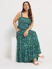 Yours Curve Green Shirred Strappy Maxi Dress - Image 2 of 5