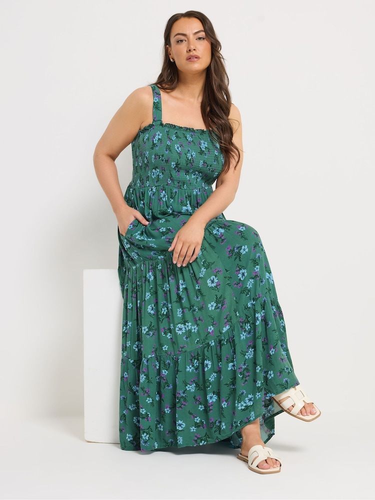 Yours Curve Green Shirred Strappy Maxi Dress - Image 2 of 5