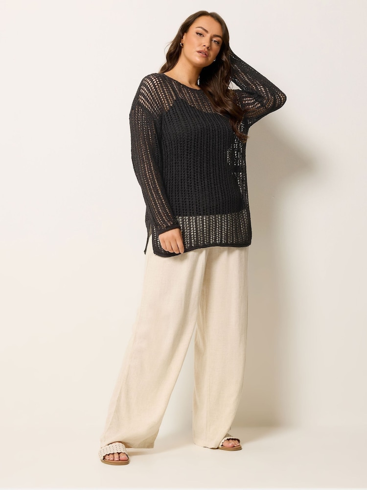 Yours Curve Black Tape Yarn Open Stitch Throw On Jumper - Image 2 of 5