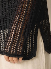 Yours Curve Black Tape Yarn Open Stitch Throw On Jumper - Image 4 of 5