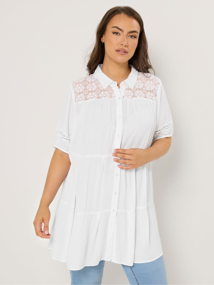 Yours Curve White Short Sleeve Tiered Shirt - Image 1 of 5