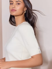 Lipsy Cream Supersoft Cable Detail Knitted Short Sleeve Jumper - Image 3 of 6
