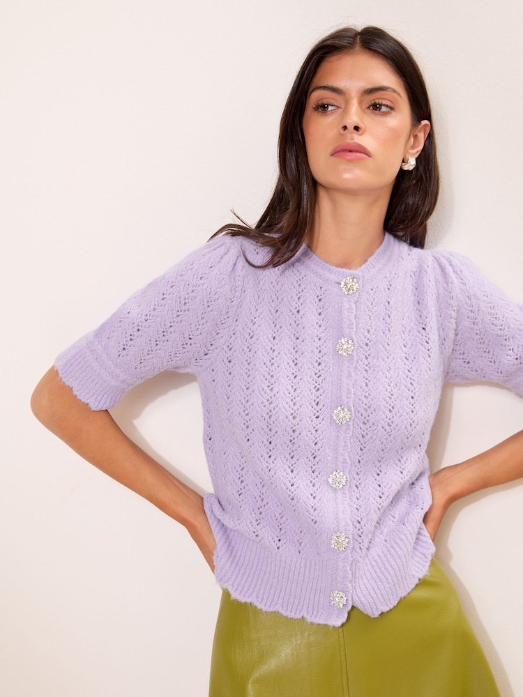 Lipsy Lilac Purple Pointelle Detail Short Sleeve Knitted Cardigan - Image 1 of 5 Lipsy Lilac Purple Pointelle Detail Short Sleeve Knitted Cardigan - Image 1 of 5