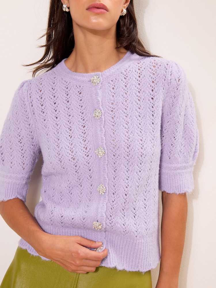 Lipsy Lilac Purple Pointelle Detail Short Sleeve Knitted Cardigan - Image 2 of 5 Lipsy Lilac Purple Pointelle Detail Short Sleeve Knitted Cardigan - Image 2 of 5