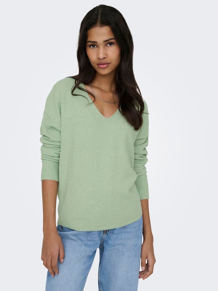 ONLY Green Long Sleeve V-Neck Jumper - Image 1 of 6