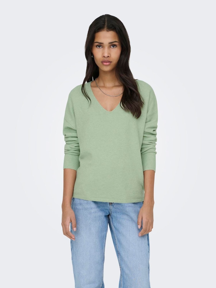 ONLY Green Long Sleeve V-Neck Jumper - Image 2 of 6