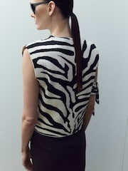 Mango Black Zebra Print Shoulder Pad Sleeveless Top - Image 3 of 5