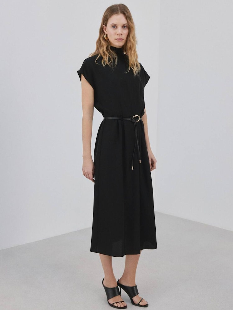 Mango Black Turtle Neck Belted Midi Dress - Image 1 of 7