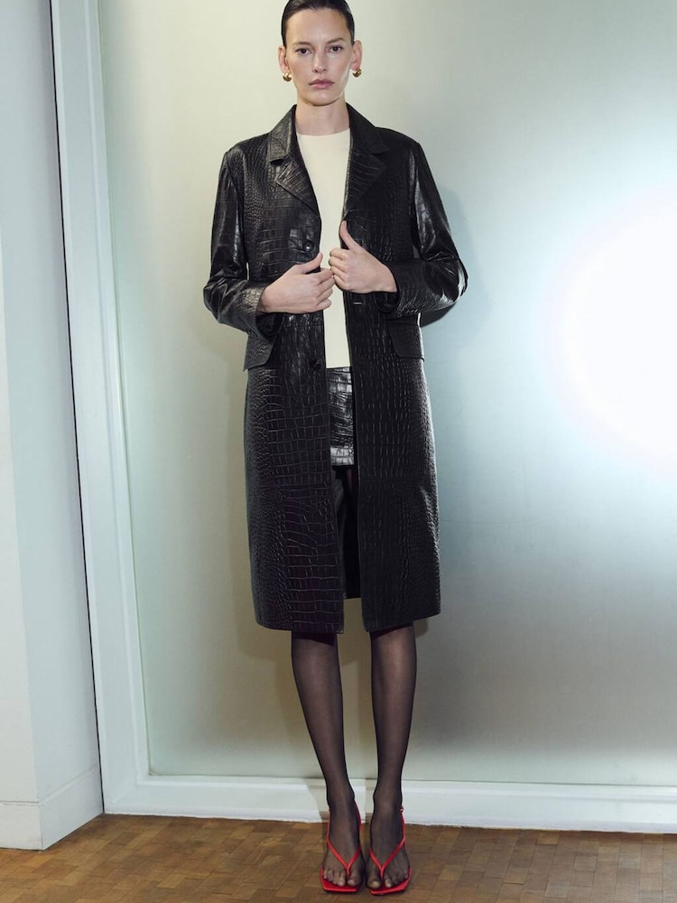 Mango Black Croc Effect Leather Coat - Image 1 of 6