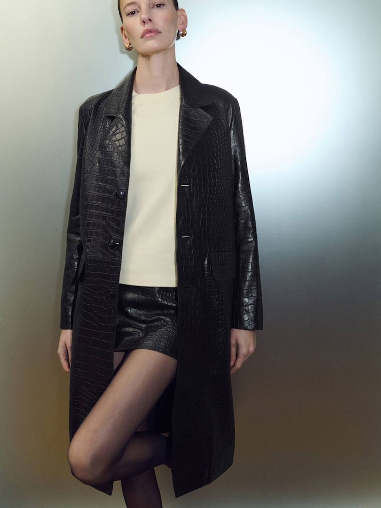 Mango Black Croc Effect Leather Coat - Image 2 of 6