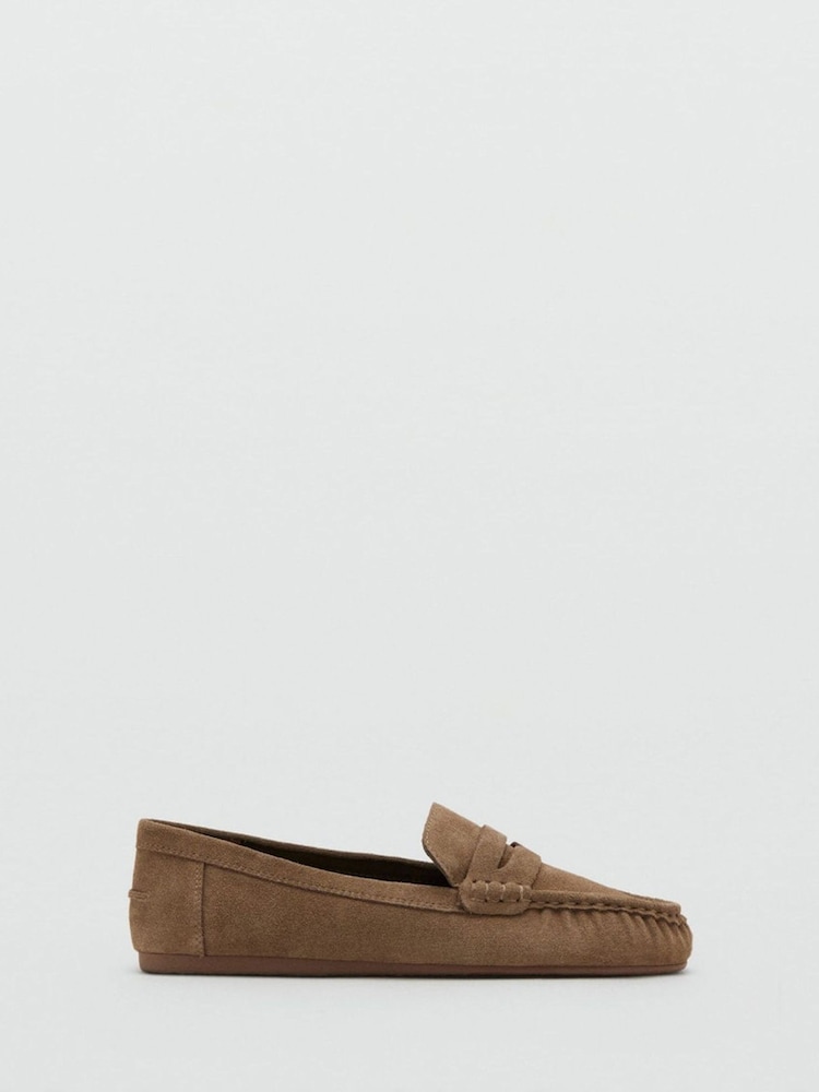 Mango Brown Suede Topstitched Loafers - Image 1 of 6