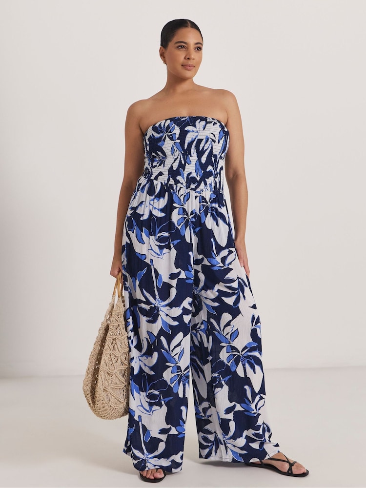 Μπλε - Ολόσωμη φόρμα θαλάσσης Simply Be Shirred Bandeau με στάμπα - Εικόνα 1 του 4