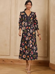 Love & Roses Chiffon Jersey Long Sleeve Tea Midi Dress - Bild 1 von 5