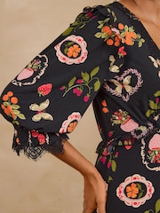 Love & Roses Chiffon Jersey Long Sleeve Tea Midi Dress - Bild 2 von 5
