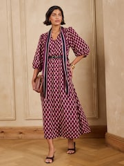 Love & Roses Purple Geo Tie Neck Belted Midi Dress - Image 1 of 6