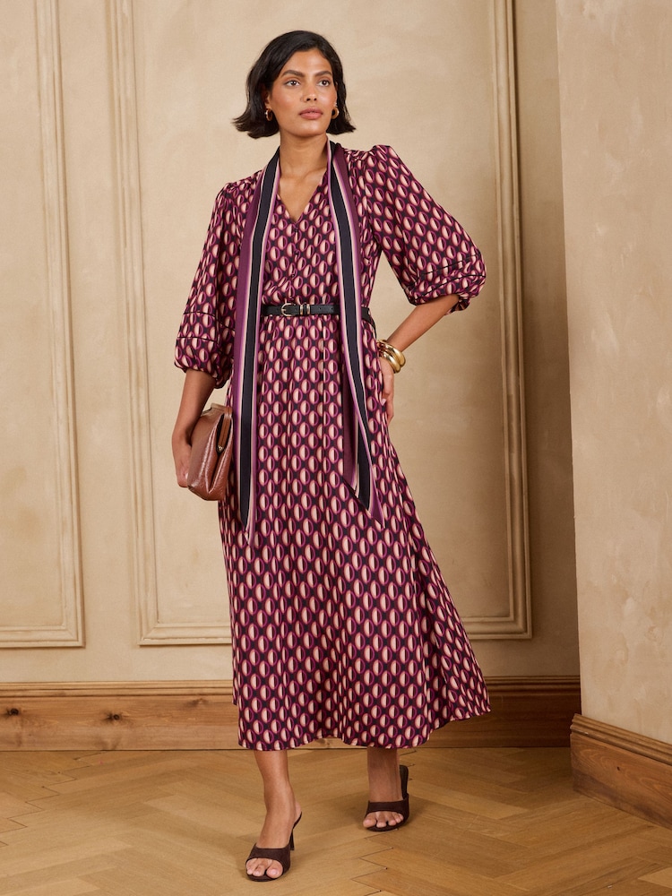 Love & Roses Purple Geo Tie Neck Belted Midi Dress - Image 1 of 6 Love & Roses Purple Geo Tie Neck Belted Midi Dress - Image 1 of 6
