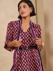 Love & Roses Purple Geo Tie Neck Belted Midi Dress - Image 2 of 6