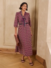 Love & Roses Purple Geo Tie Neck Belted Midi Dress - Image 3 of 6