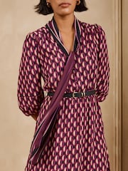 Love & Roses Purple Geo Tie Neck Belted Midi Dress - Image 4 of 6