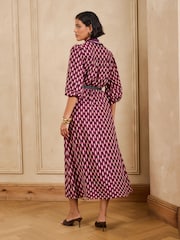 Love & Roses Purple Geo Tie Neck Belted Midi Dress - Image 6 of 6