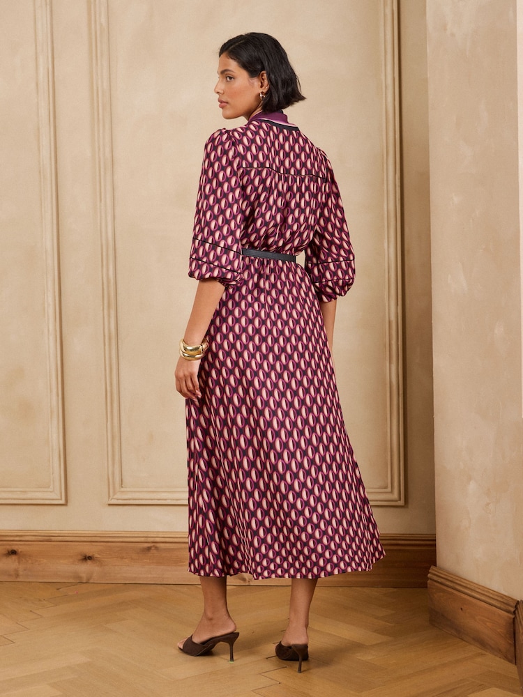 Love & Roses Purple Geo Tie Neck Belted Midi Dress - Image 6 of 6 Love & Roses Purple Geo Tie Neck Belted Midi Dress - Image 6 of 6