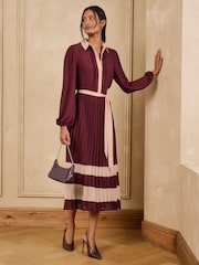 Love & Roses Burgundy Red Colourblock Pleated Belted Midi Shirt Dress - Image 1 of 4