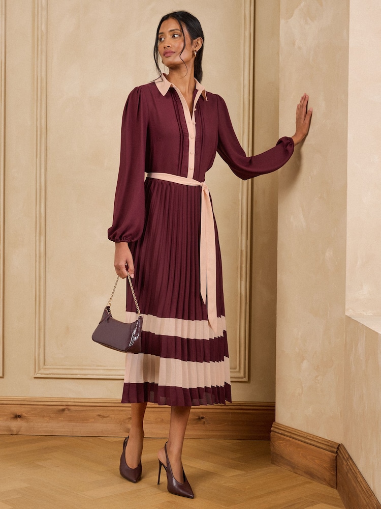 Love & Roses Burgundy Red Colourblock Pleated Belted Midi Shirt Dress - Image 1 of 4