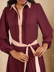 Love & Roses Burgundy Red Colourblock Pleated Belted Midi Shirt Dress - Image 2 of 4