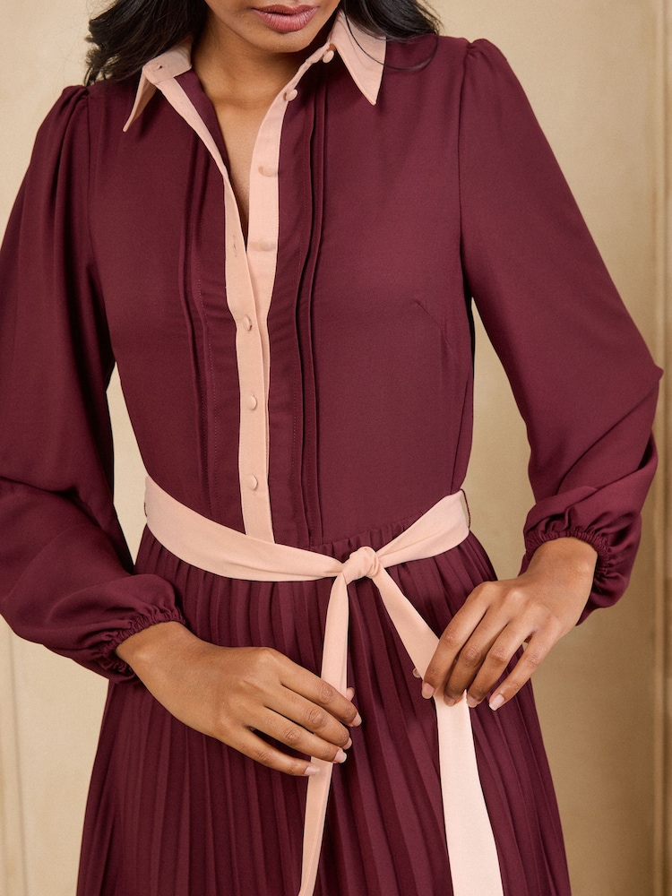 Love & Roses Burgundy Red Colourblock Pleated Belted Midi Shirt Dress - Image 2 of 4
