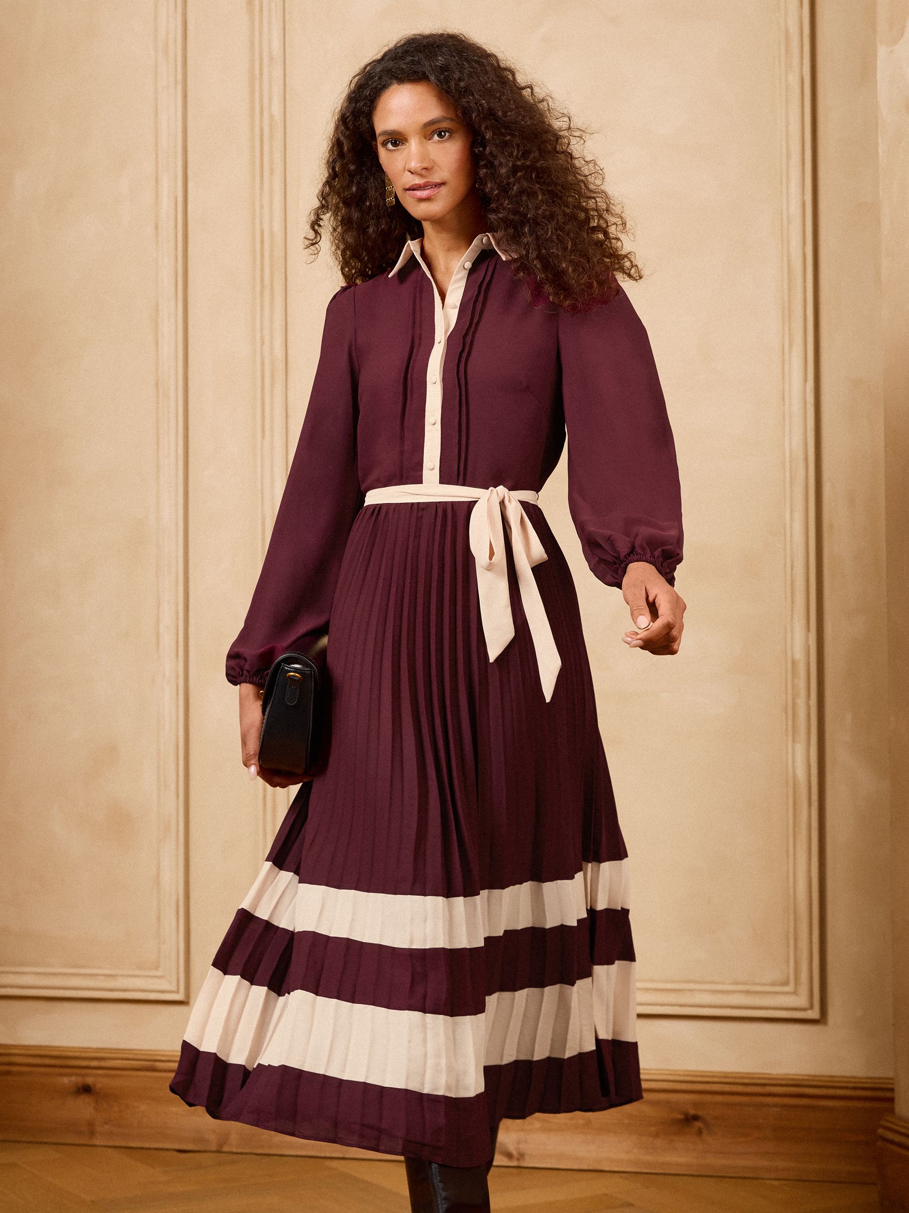 Buy Love & Roses Burgundy Red Colourblock Pleated Belted Midi Shirt ...