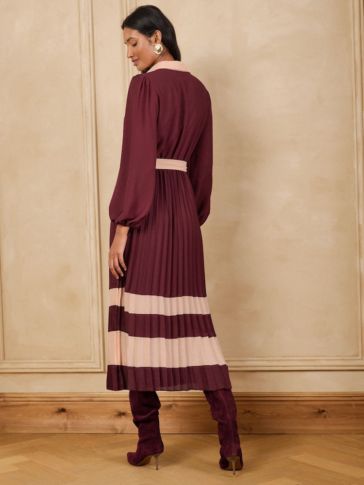 Love & Roses Burgundy Red Colourblock Pleated Belted Midi Shirt Dress - Image 4 of 4