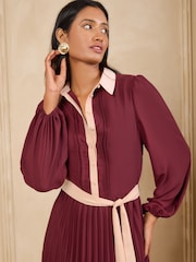 Love & Roses Burgundy Red Colourblock Pleated Belted Midi Shirt Dress - Image 5 of 5