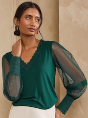 Love & Roses Forest Green Spot Mesh Long Sleeve V-Neck Top - Image 1 of 4