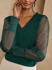 Love & Roses Forest Green Spot Mesh Long Sleeve V-Neck Top - Image 2 of 4