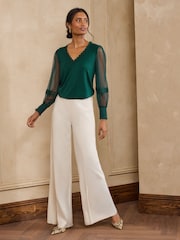 Love & Roses Forest Green Spot Mesh Long Sleeve V-Neck Top - Image 3 of 4