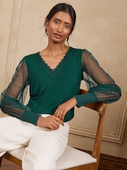Love & Roses Forest Green Spot Mesh Long Sleeve V-Neck Top - Image 4 of 4