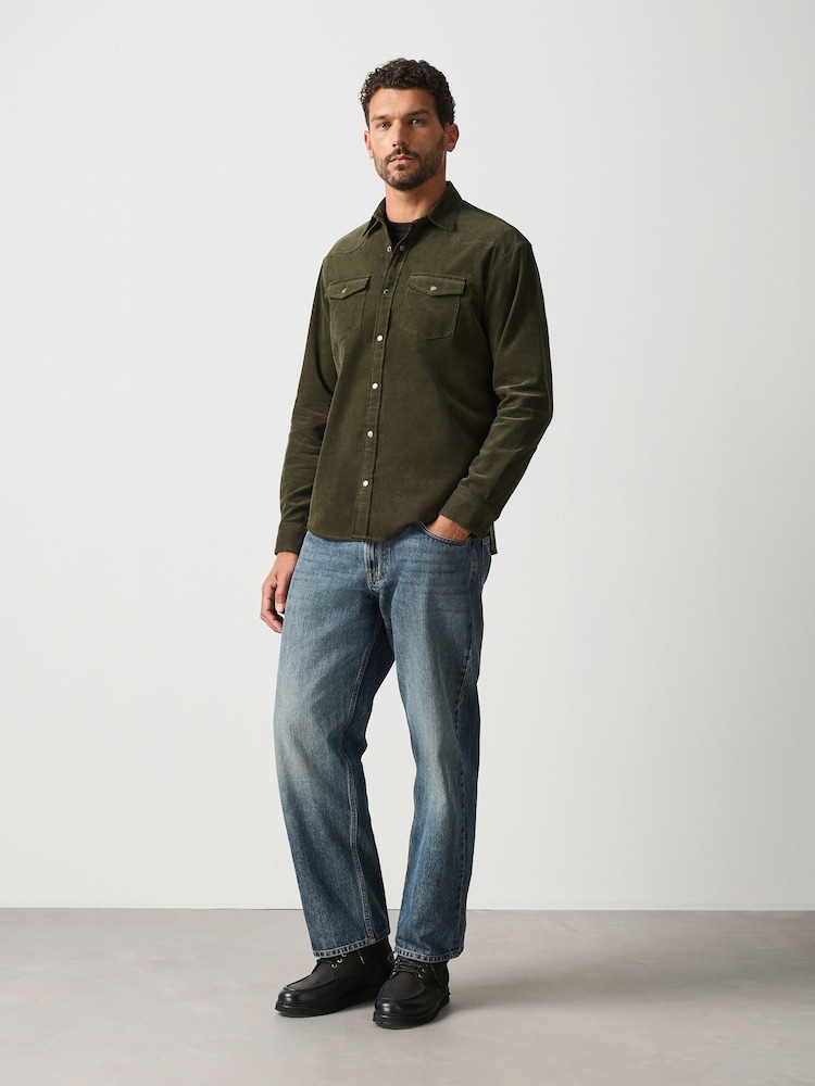 Khaki Green Cord Western Styling Long Sleeve Shirt - Image 2 of 7 Khaki Green Cord Western Styling Long Sleeve Shirt - Image 2 of 7