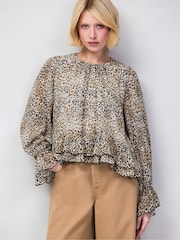 Ro&Zo Brown Leopard Print Ruffle Hem Chiffon Blouse - Image 1 of 5