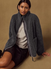 Charcoal Grey Funnel Neck Zip Through Borg Jacket - Image 1 of 9